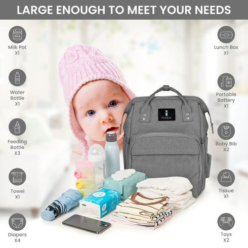 ITACIA Grey Baby Backpack – Chic, Waterproof & Convertible